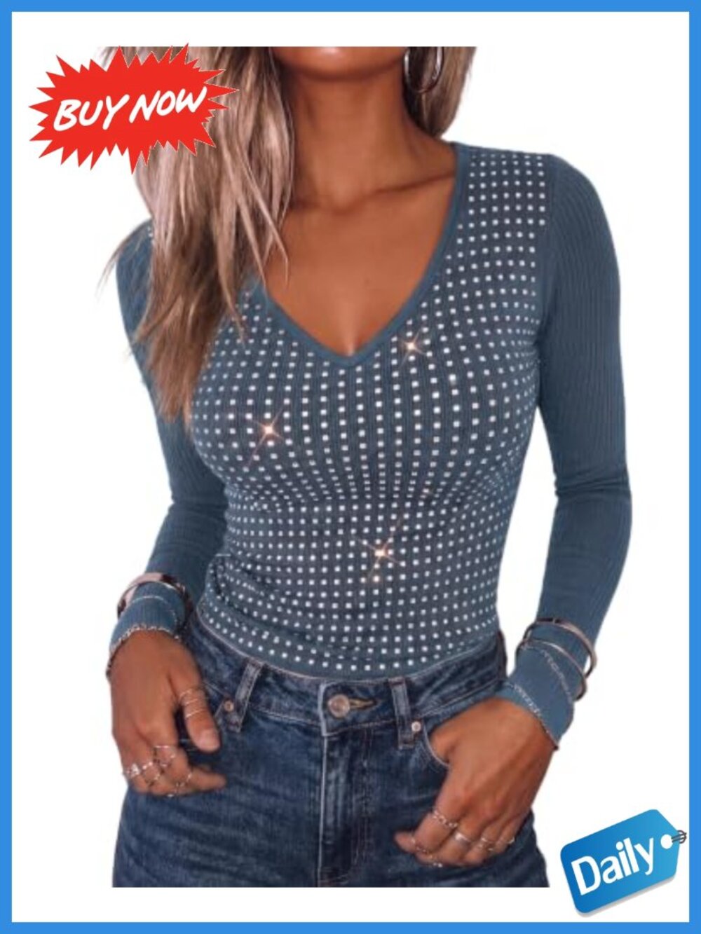 Rhinestone V Neck Long Sleeve Slim Fit Ribbed Knit Top